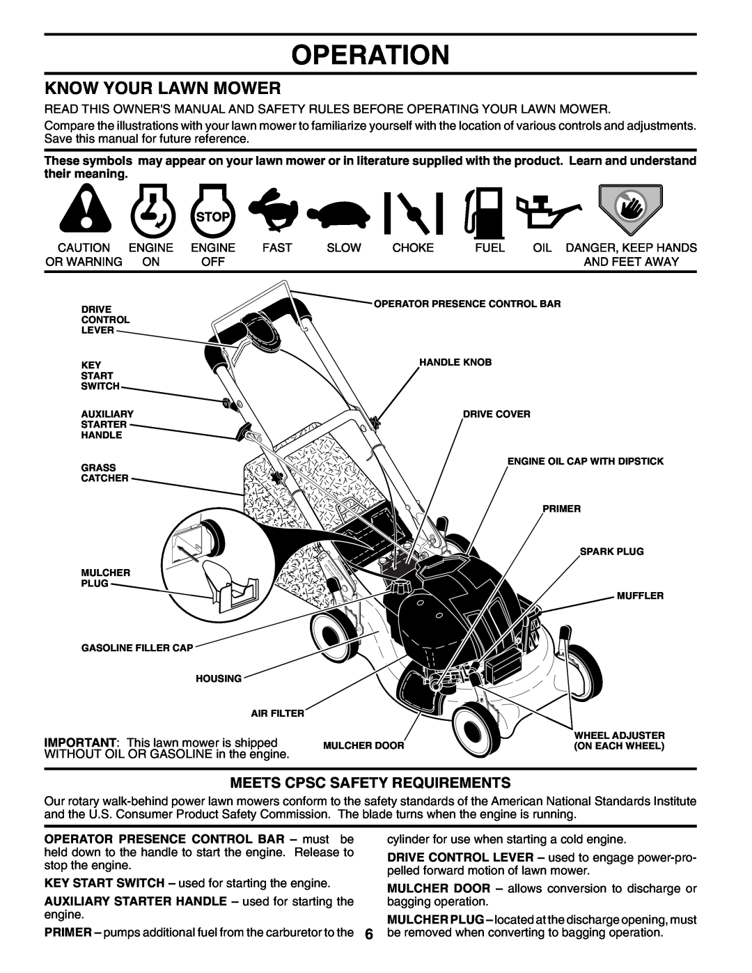 Husqvarna 7021RES Operation, Know Your Lawn Mower, Meets Cpsc Safety Requirements, OPERATOR PRESENCE CONTROL BAR - must be 