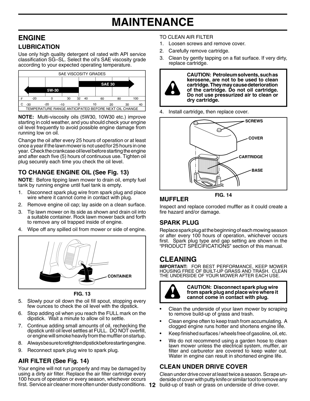 Husqvarna 7021RS owner manual Engine, Cleaning, Muffler, Spark Plug, Clean Under Drive Cover 