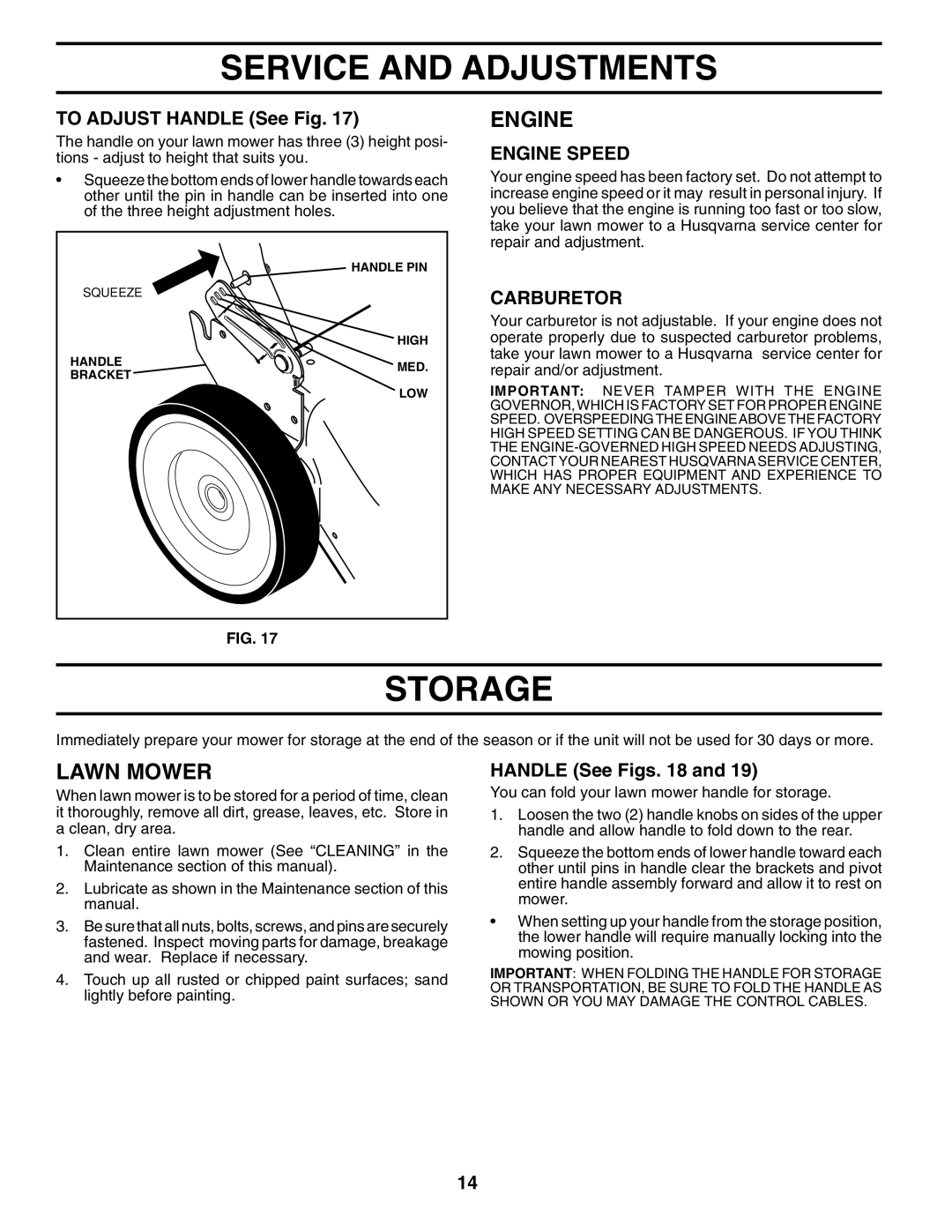 Husqvarna 7021RS owner manual Storage, To Adjust Handle See Fig, Carburetor, Handle See Figs 