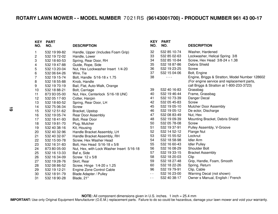 Husqvarna 7021RS owner manual KEY Part Description 