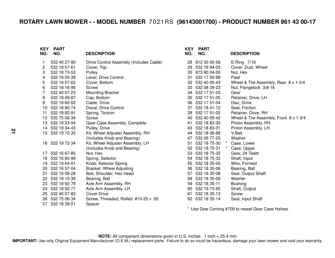 Husqvarna 7021RS owner manual KEY Part Description 