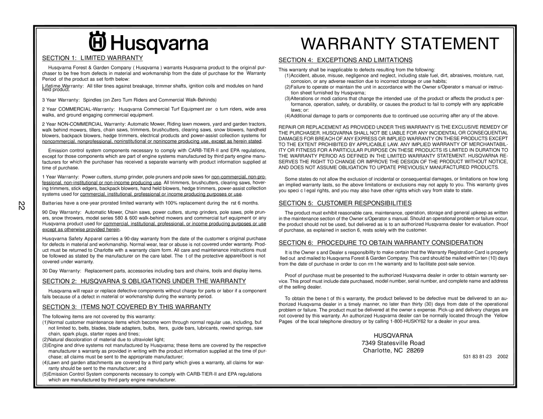 Husqvarna 7021RS owner manual Husqvarna 