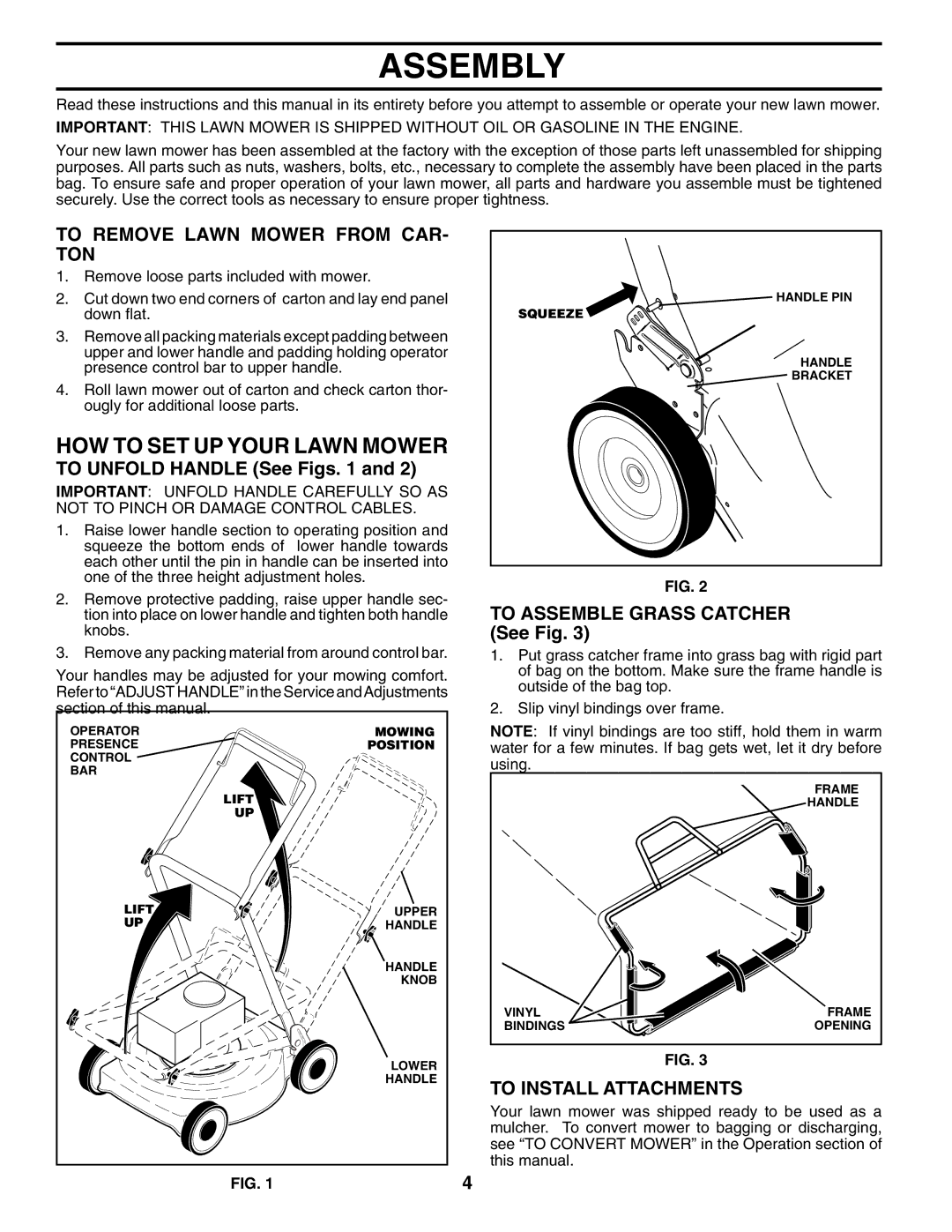 Husqvarna 7021RS Assembly, HOW to SET UP Your Lawn Mower, To Remove Lawn Mower from CAR- TON, To Install Attachments 