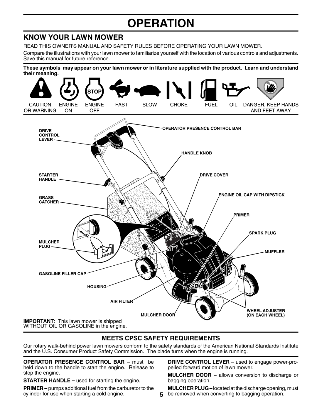 Husqvarna 7021RS owner manual Operation, Know Your Lawn Mower, Meets Cpsc Safety Requirements 