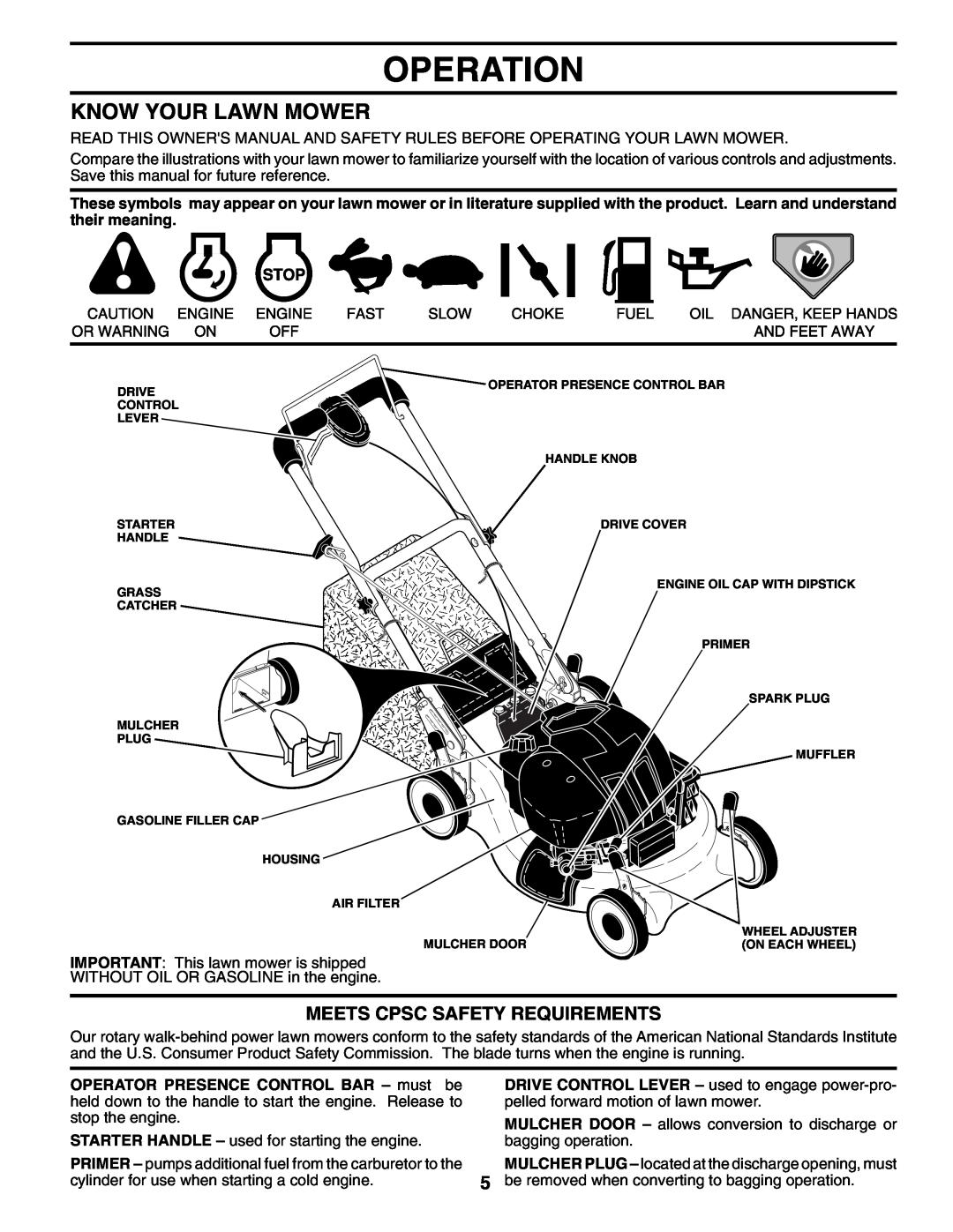 Husqvarna 7021RS owner manual Operation, Know Your Lawn Mower, Meets Cpsc Safety Requirements 
