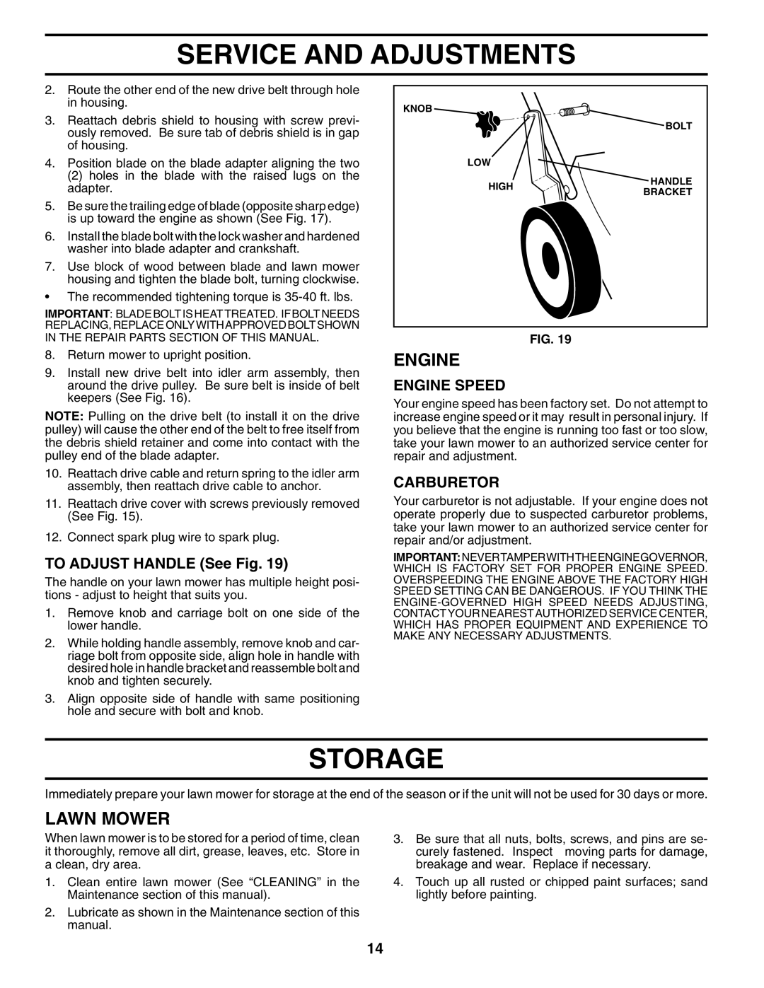 Husqvarna 70R21HV owner manual Storage, To Adjust Handle See Fig, Carburetor 