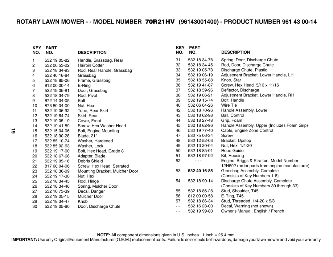 Husqvarna 70R21HV owner manual KEY Part Description 