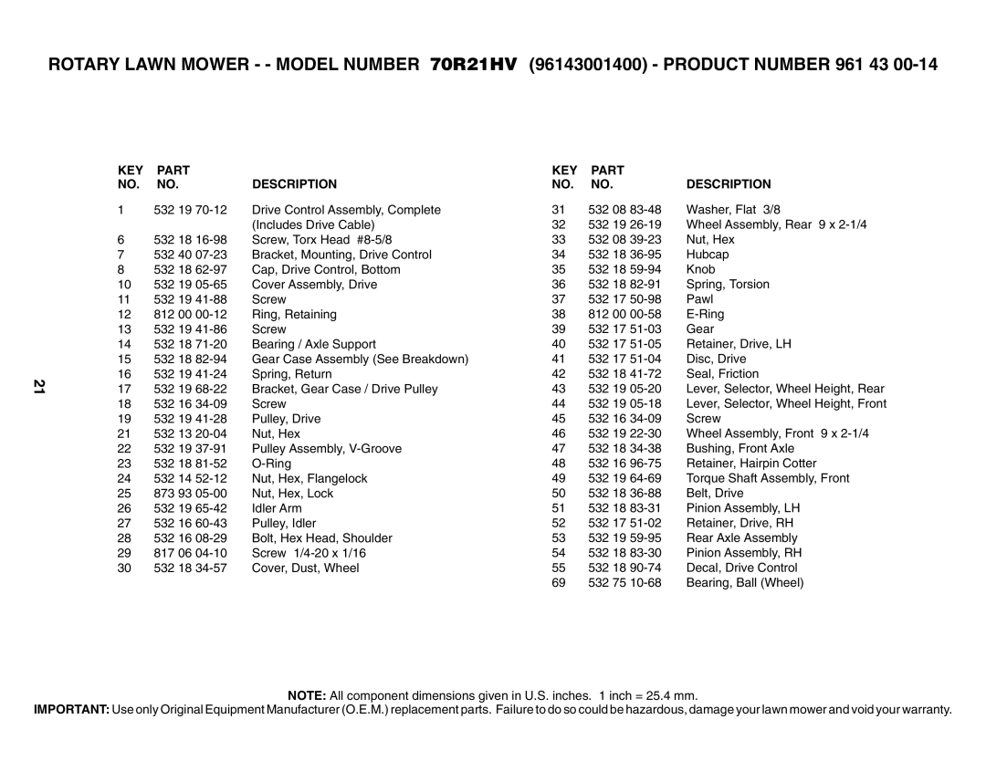 Husqvarna 70R21HV owner manual KEY Part Description 