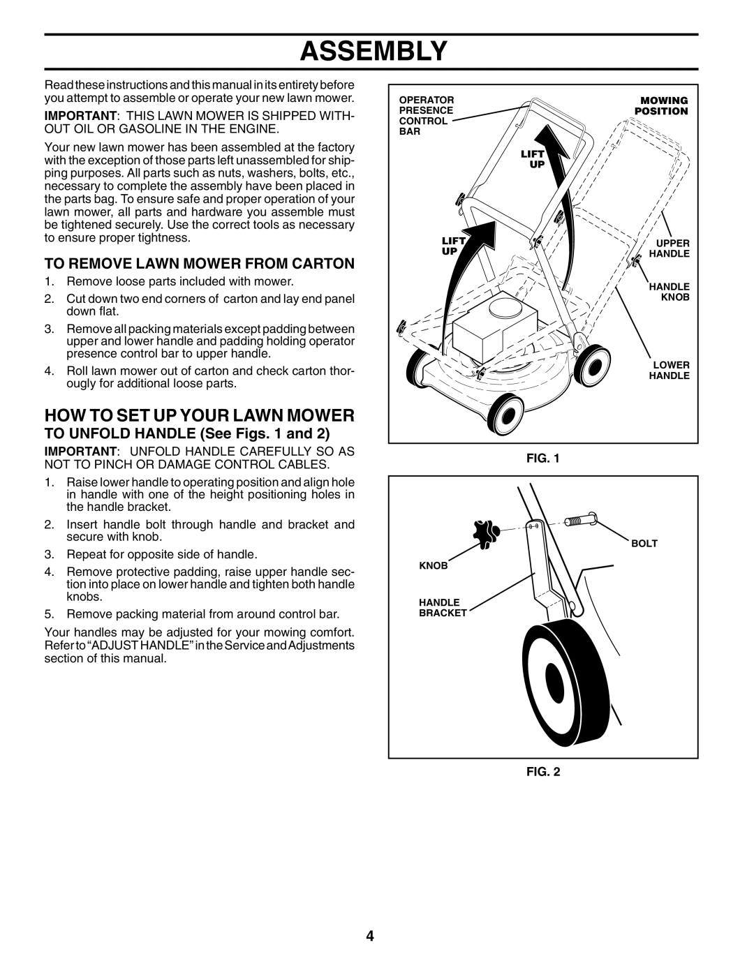 Husqvarna 70R21HV Assembly, HOW to SET UP Your Lawn Mower, To Remove Lawn Mower from Carton, To Unfold Handle See Figs 