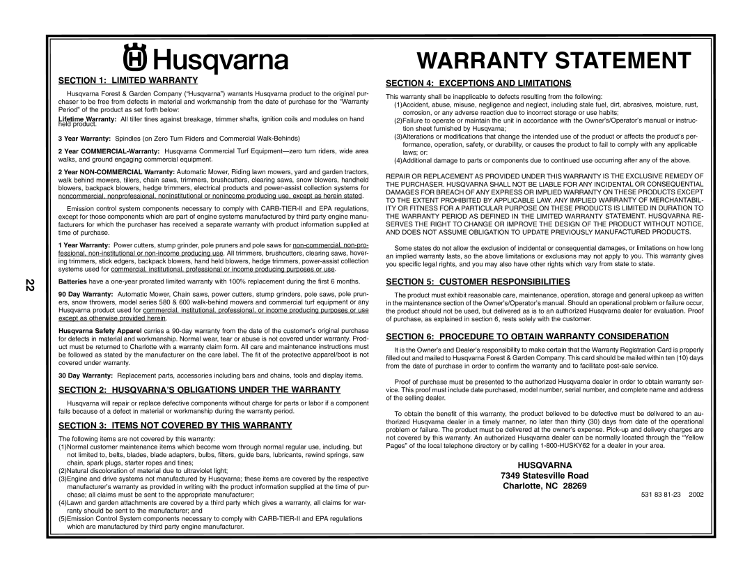 Husqvarna 70R21HV Limited Warranty, Items Not Covered By This Warranty, Warranty Statement Exceptions And Limitations 