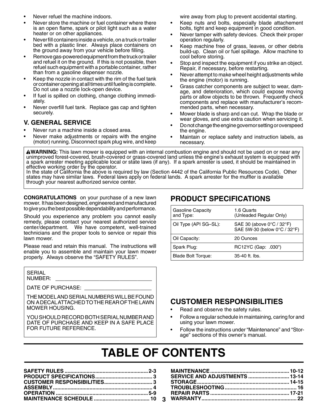 Husqvarna 70R21HV owner manual Table Of Contents, Product Specifications, Customer Responsibilities, V. General Service 