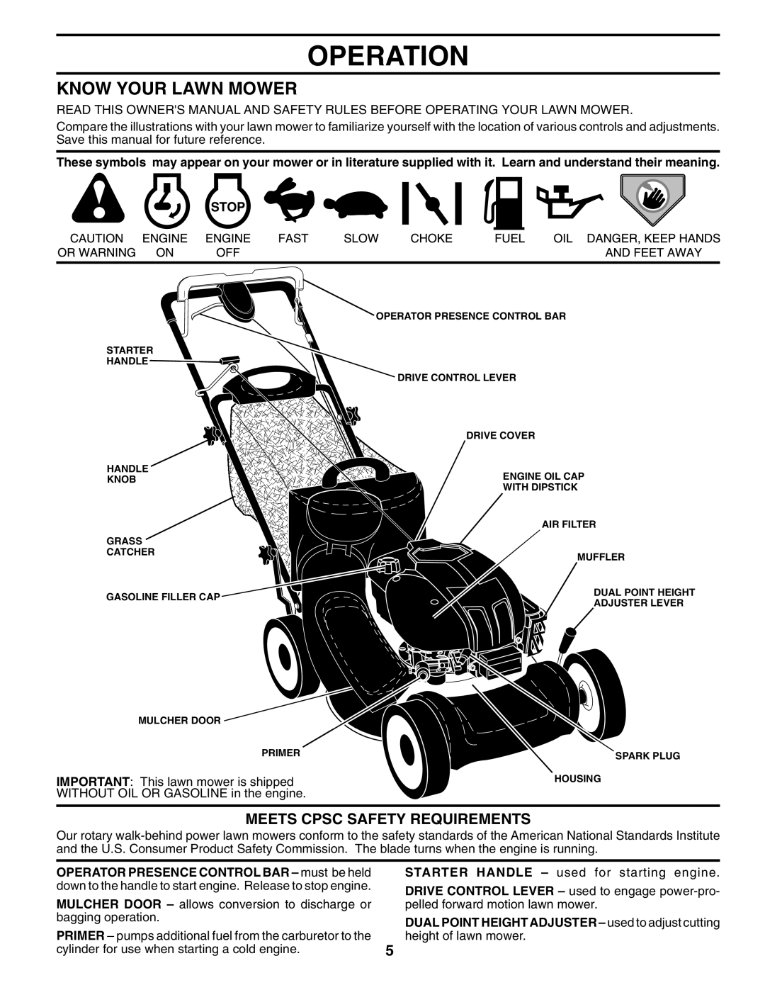 Husqvarna 70R21HV owner manual Operation, Know Your Lawn Mower, Meets Cpsc Safety Requirements 