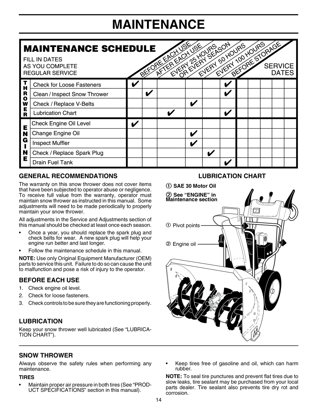 Husqvarna 8024ST Maintenance, General Recommendations, Before Each Use, Snow Thrower, Lubrication Chart, Tires 