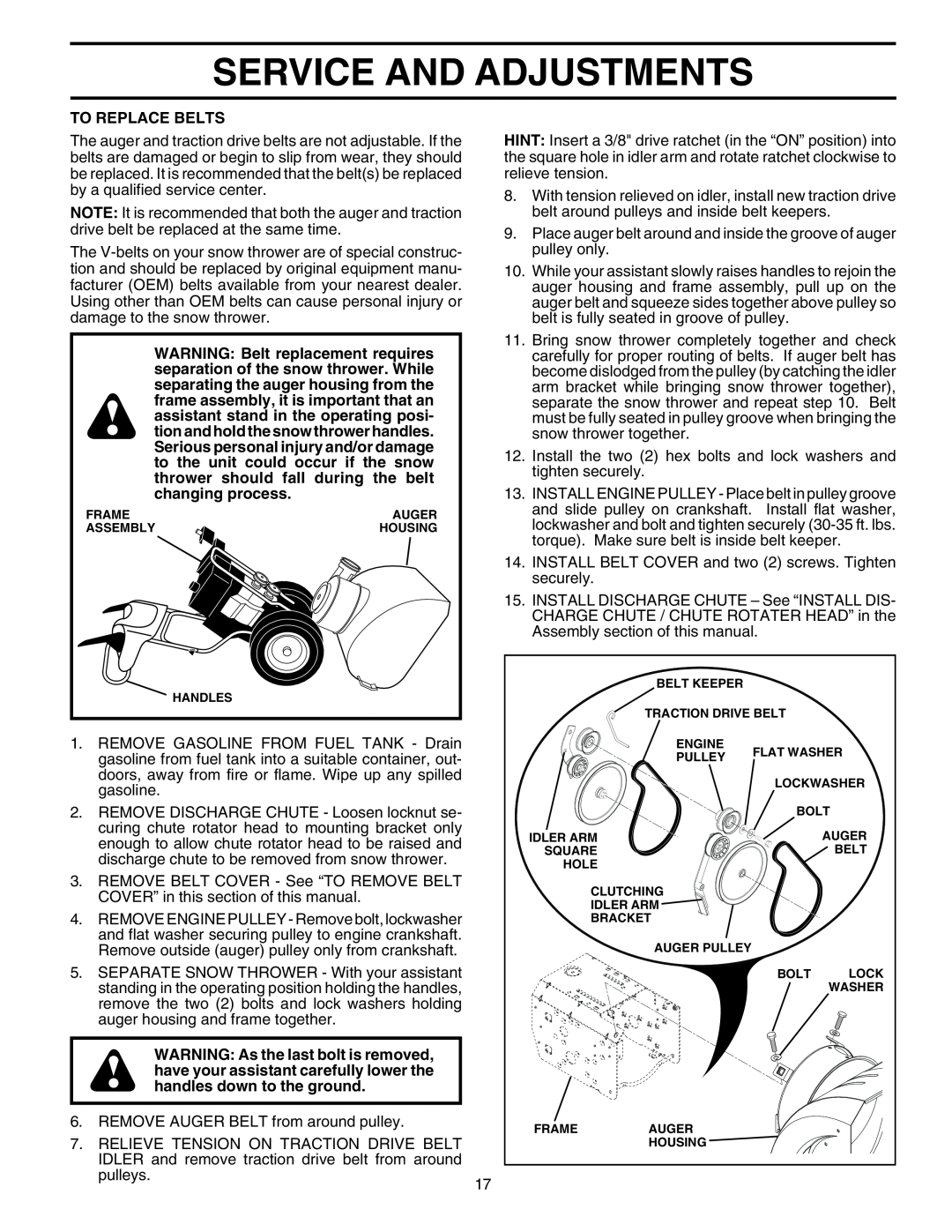 Husqvarna 8024ST owner manual Service And Adjustments, To Replace Belts 