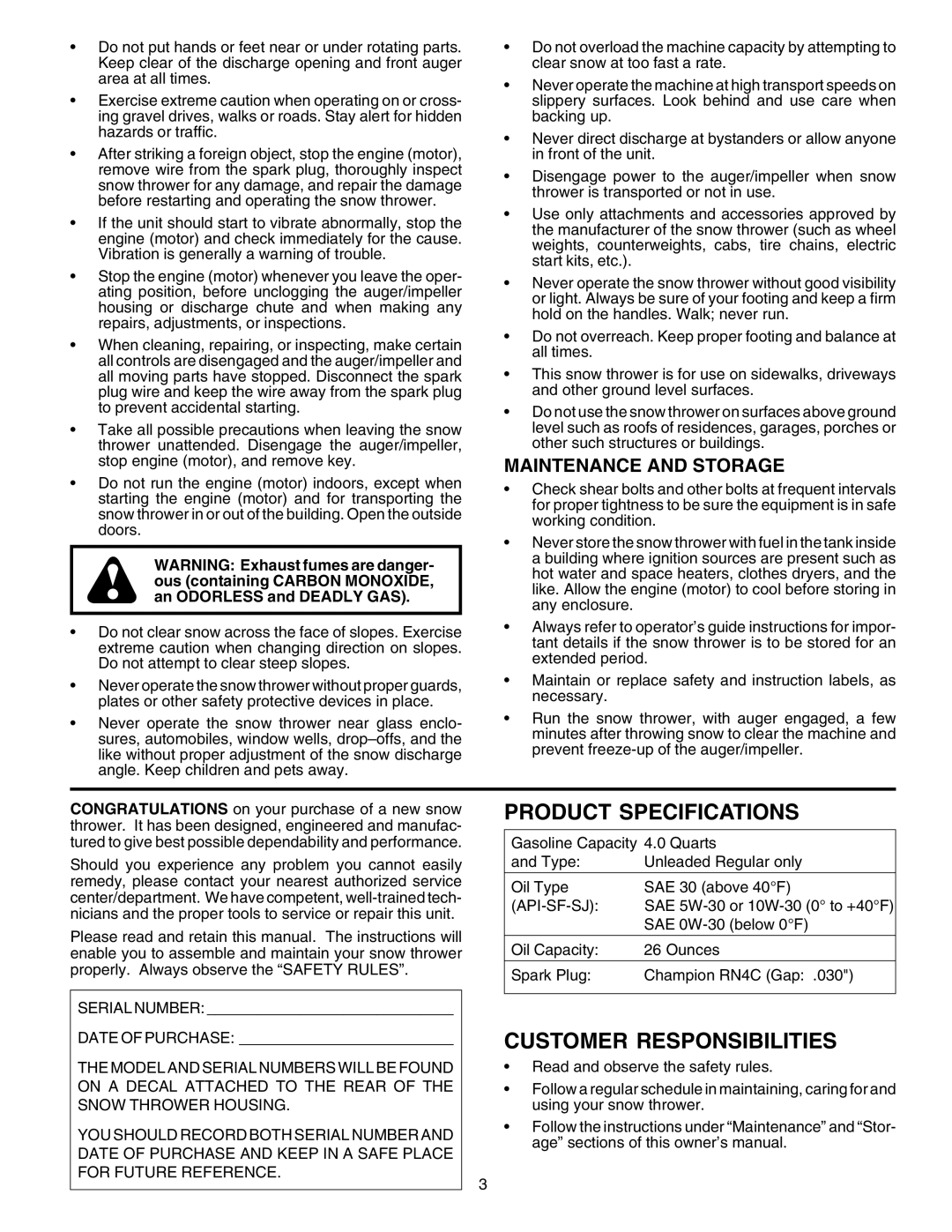 Husqvarna 8024ST owner manual Product Specifications, Customer Responsibilities, Maintenance And Storage 