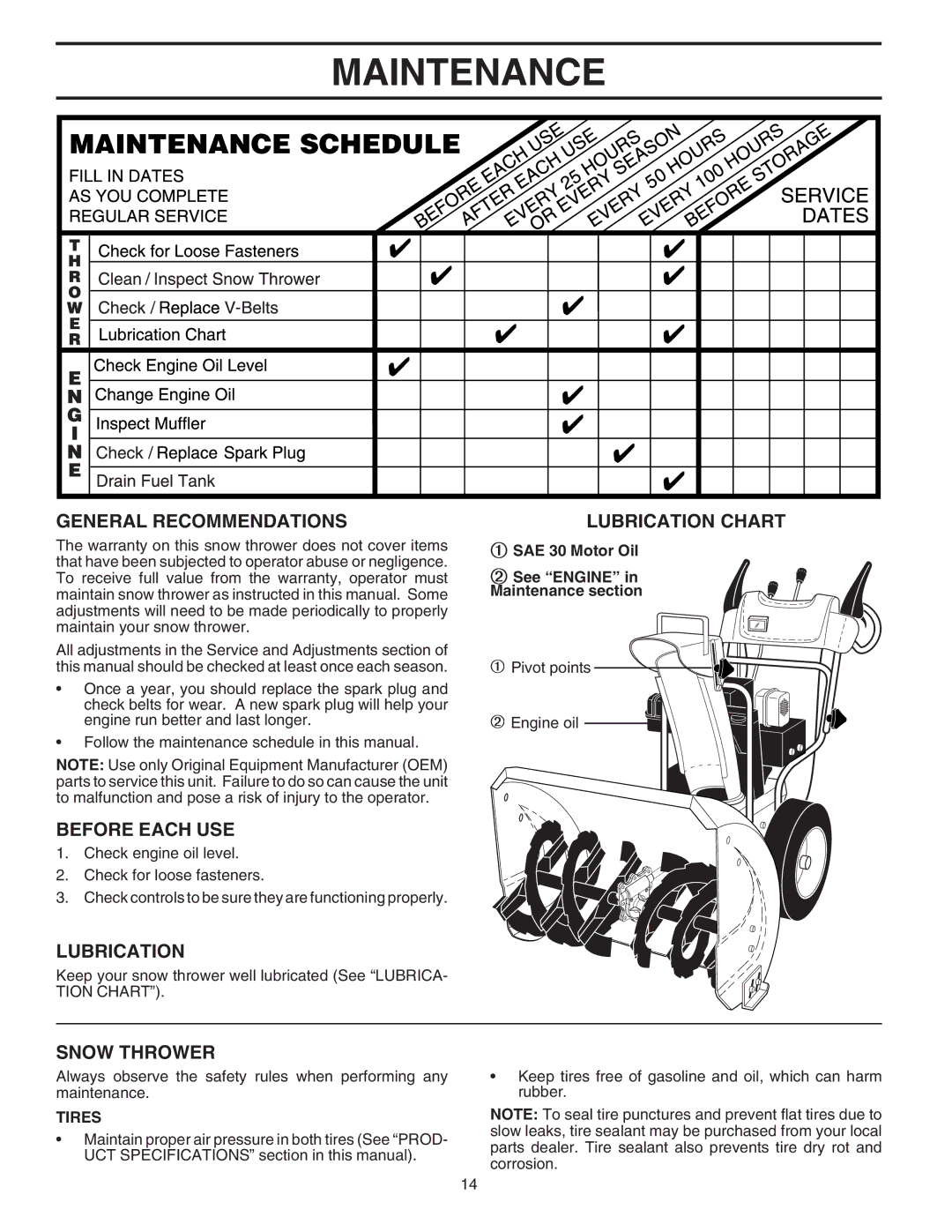 Husqvarna 8024ST owner manual Maintenance, General Recommendations, Before Each USE, Lubrication, Snow Thrower 