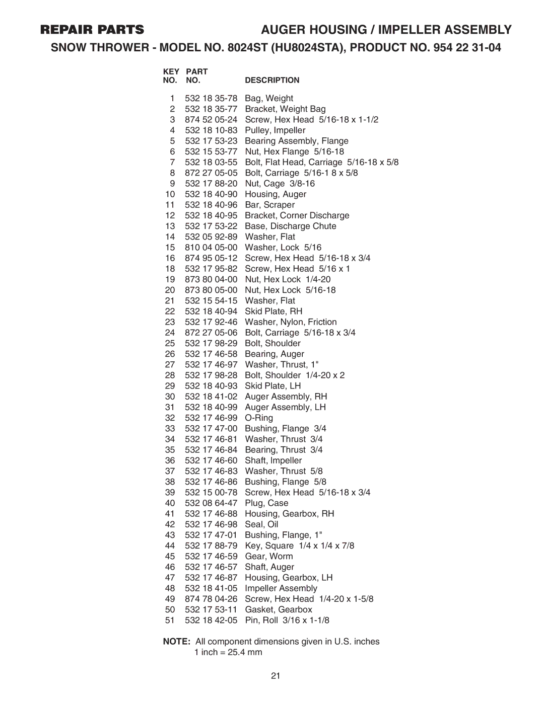 Husqvarna 8024ST owner manual KEY Part Description 