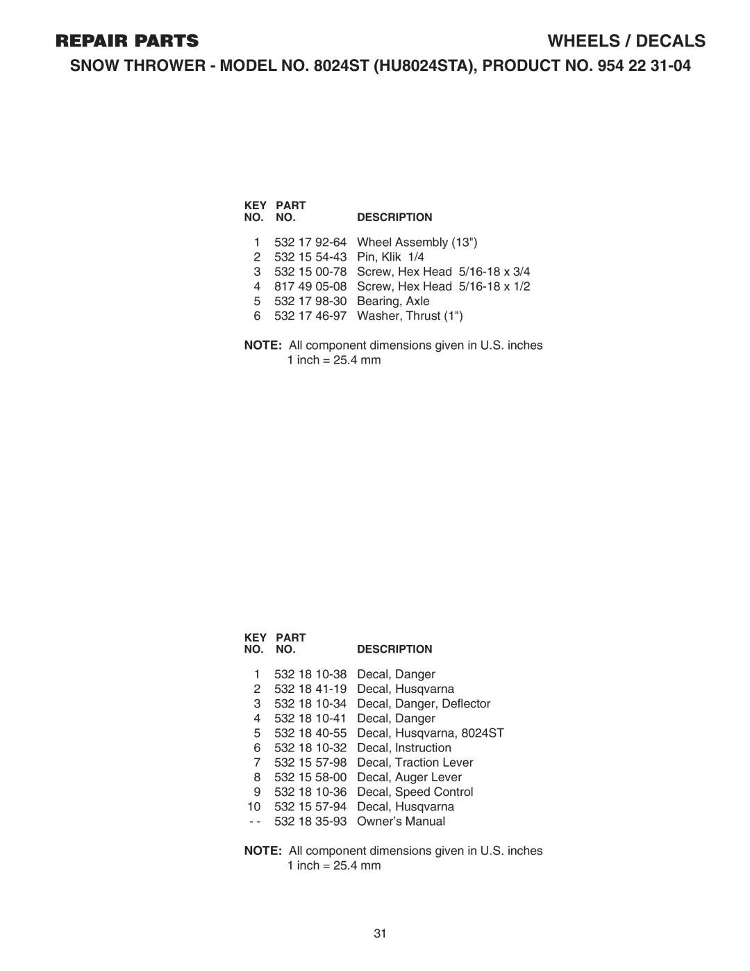 Husqvarna 8024ST owner manual Repairparts 