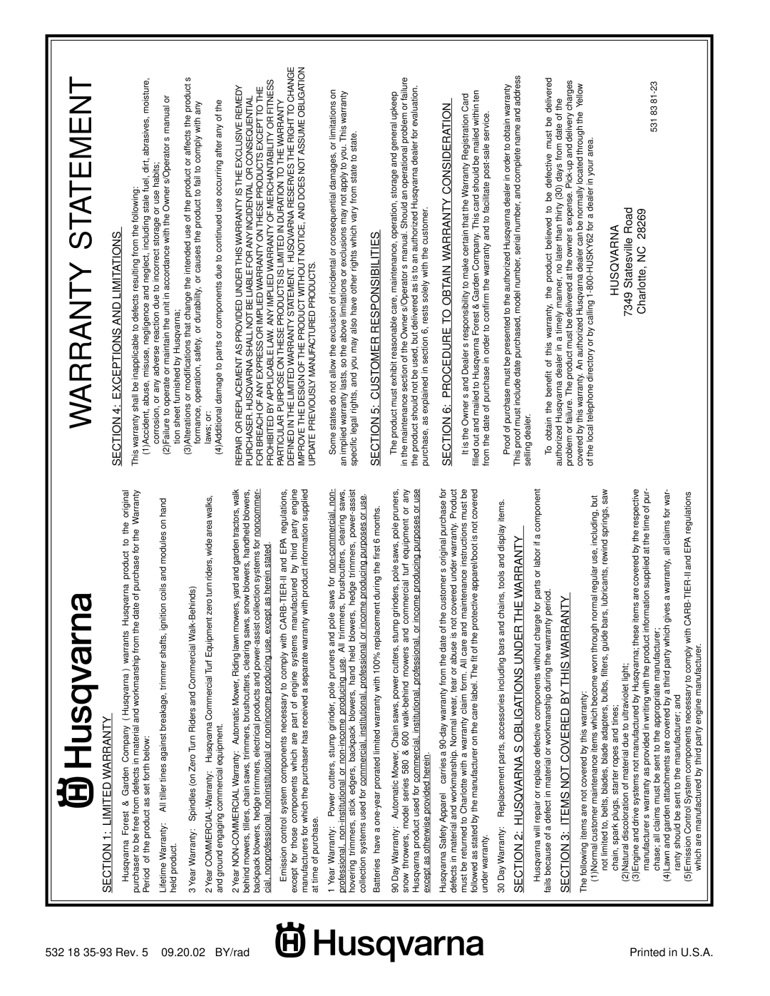 Husqvarna 8024ST owner manual Warranty Statement 