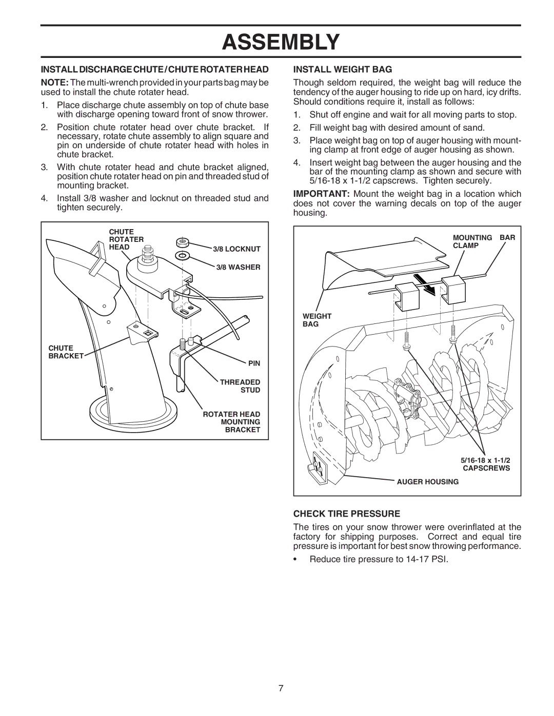 Husqvarna 8024ST owner manual Installdischargechute/Chuterotaterhead, Install Weight BAG, Check Tire Pressure 