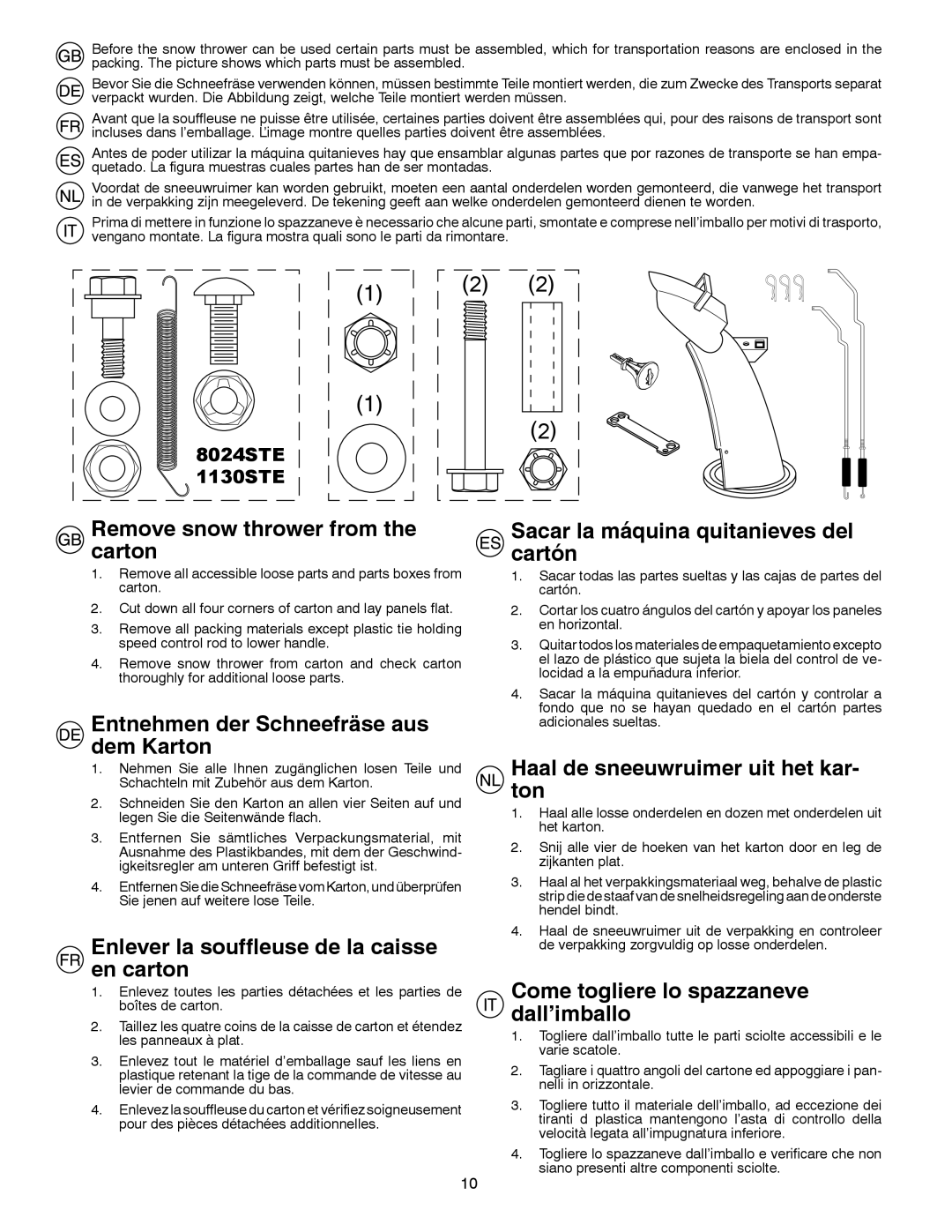 Husqvarna 8024STE instruction manual Remove snow thrower from the carton, Entnehmen der Schneefräse aus dem Karton 