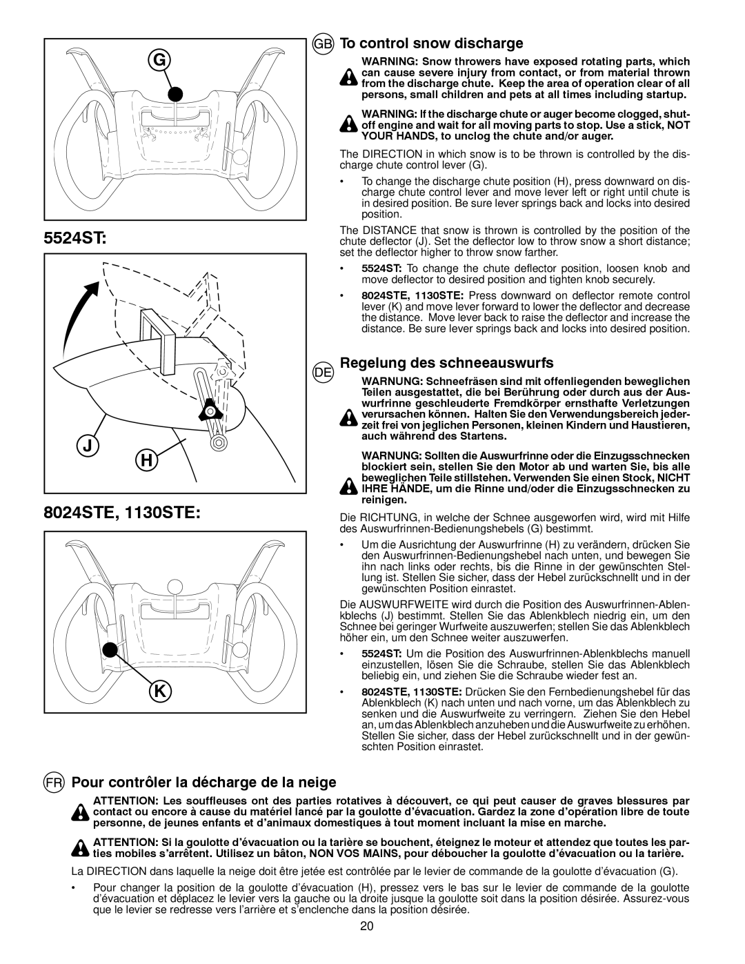 Husqvarna instruction manual 5524ST 8024STE, 1130STE, To control snow discharge, Regelung des schneeauswurfs 