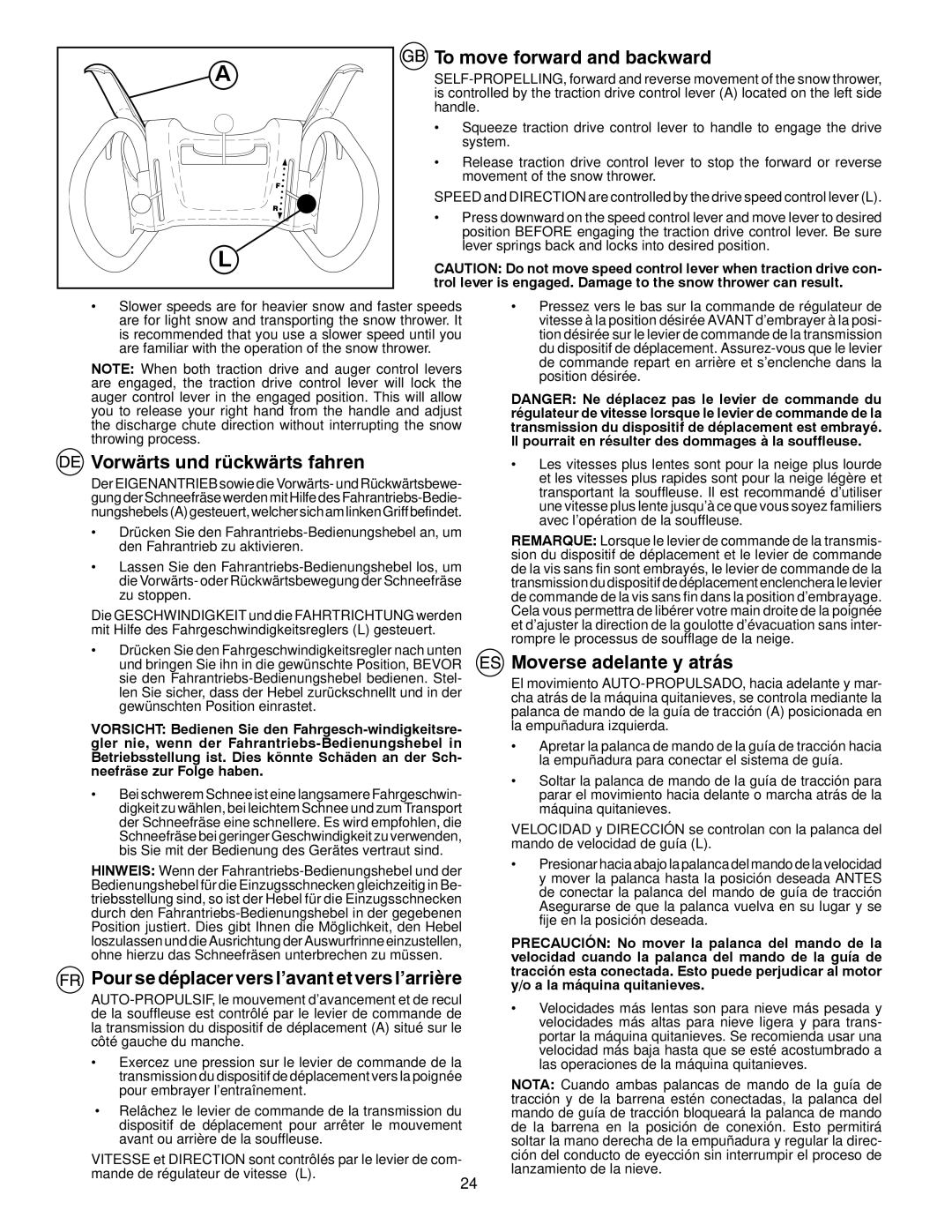 Husqvarna 8024STE instruction manual To move forward and backward, Vorwärts und rückwärts fahren, Moverse adelante y atrás 