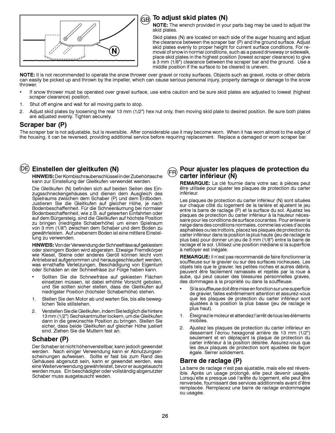 Husqvarna 8024STE To adjust skid plates N, Scraper bar P, Einstellen der gleitkufen N, Schaber P, Barre de raclage P 