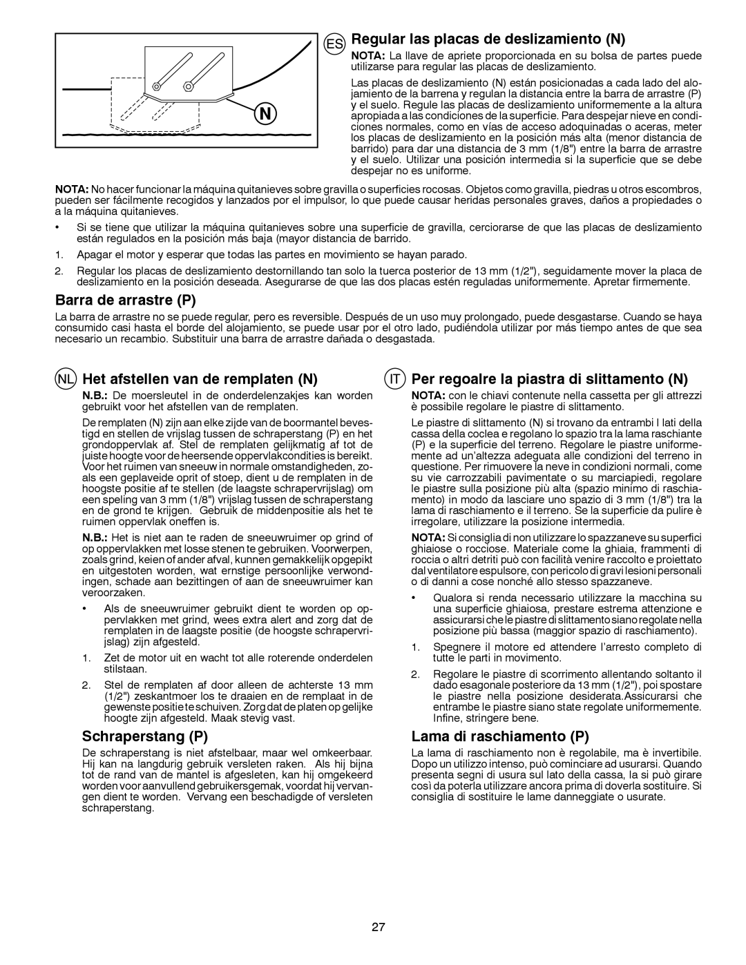 Husqvarna 8024STE Regular las placas de deslizamiento N, Barra de arrastre P, Het afstellen van de remplaten N 