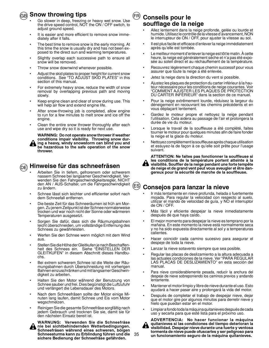 Husqvarna 8024STE instruction manual Snow throwing tips, Hinweise für das schneefräsen, Consejos para lanzar la nieve 