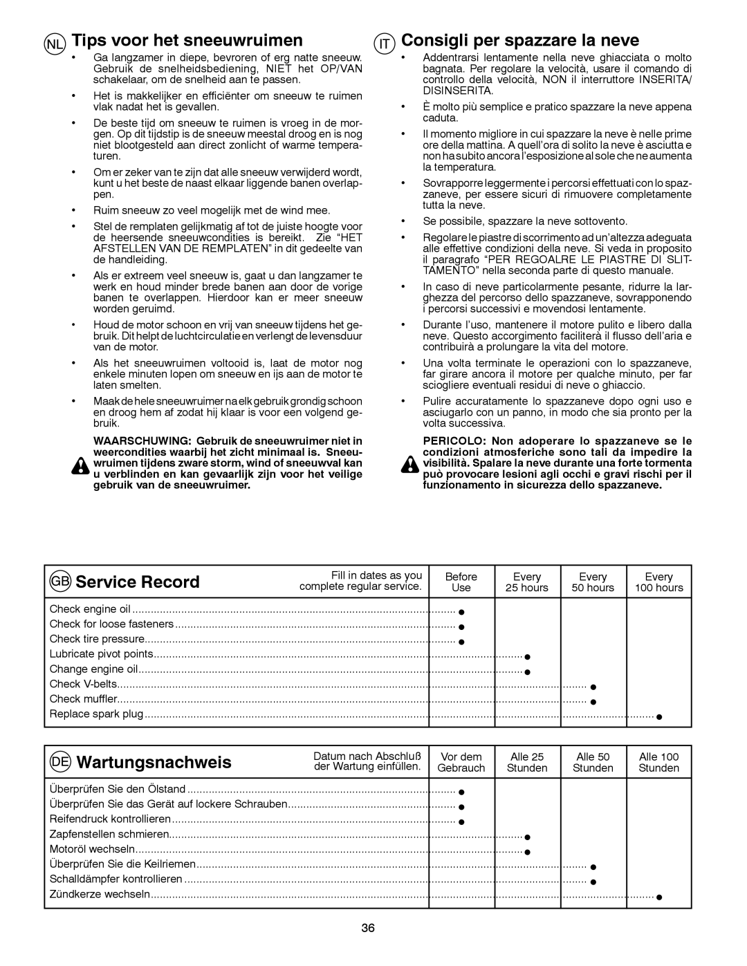 Husqvarna 8024STE Tips voor het sneeuwruimen, Consigli per spazzare la neve, Service Record, Wartungsnachweis 