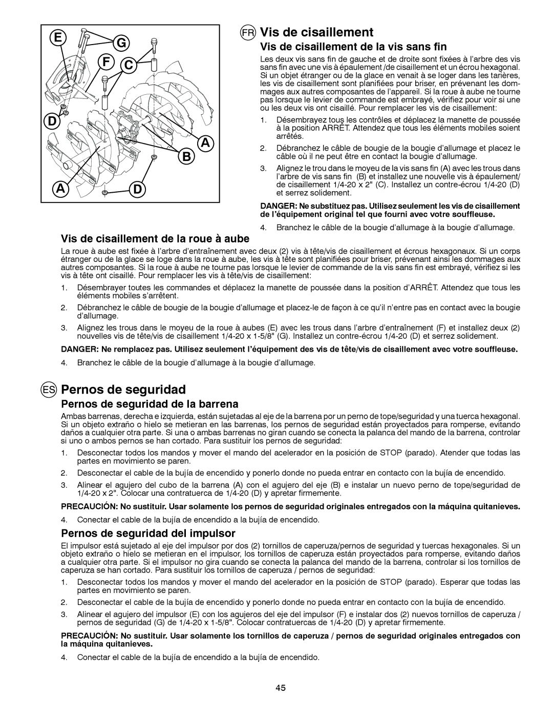 Husqvarna 8024STE instruction manual Vis de cisaillement, Pernos de seguridad 