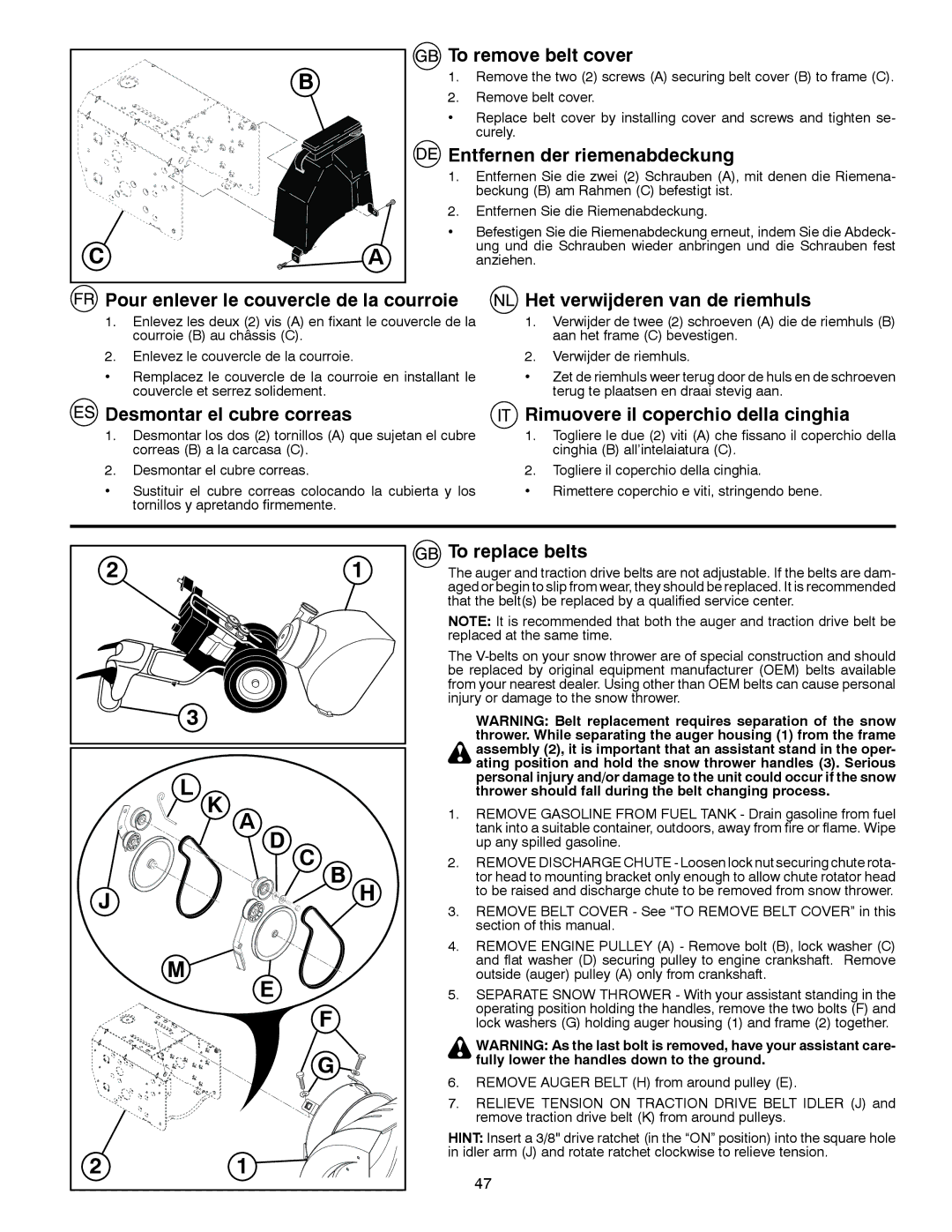 Husqvarna 8024STE To remove belt cover, Entfernen der riemenabdeckung, Desmontar el cubre correas, To replace belts 