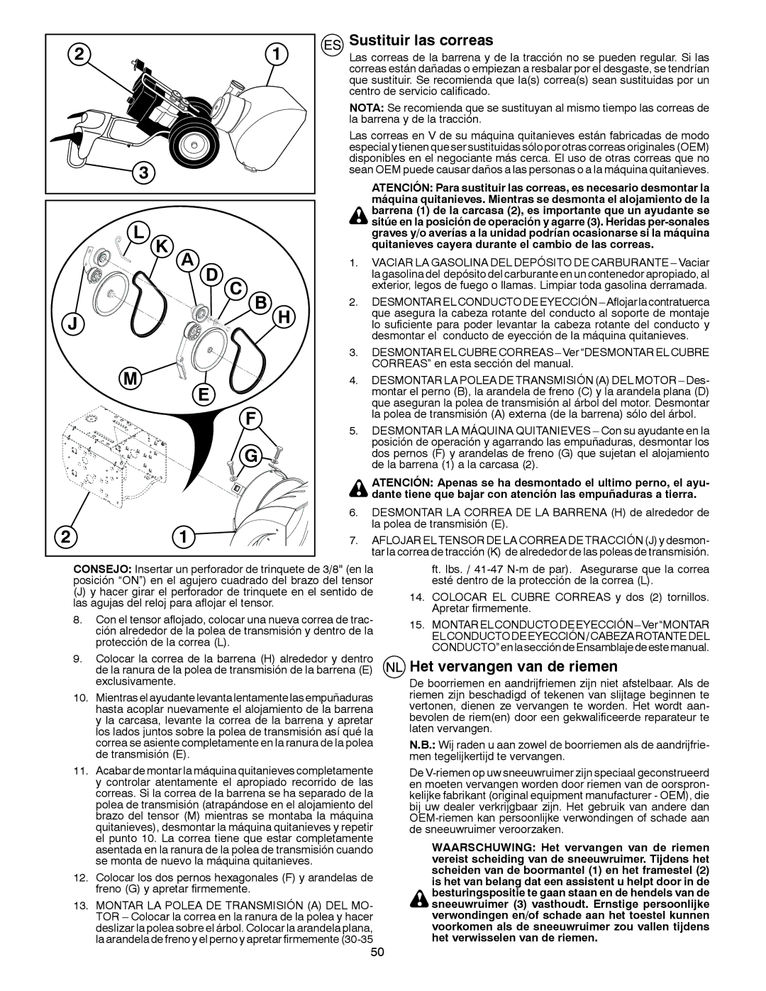 Husqvarna 8024STE instruction manual Sustituir las correas, Het vervangen van de riemen 