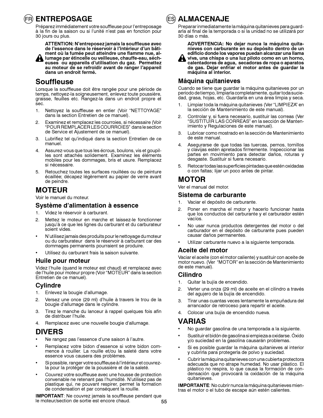 Husqvarna 8024STE instruction manual Entreposage, Almacenaje, Souffleuse, Divers, Varias 