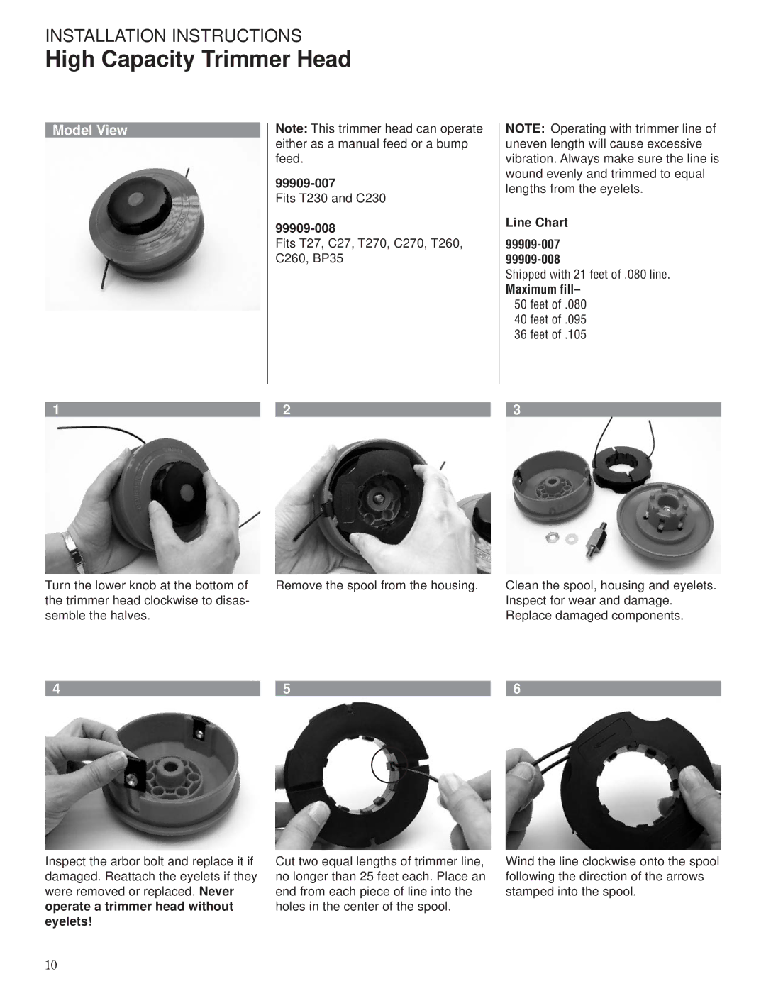 Husqvarna 80792 manual High Capacity Trimmer Head, Line Chart 99909-007 99909-008 