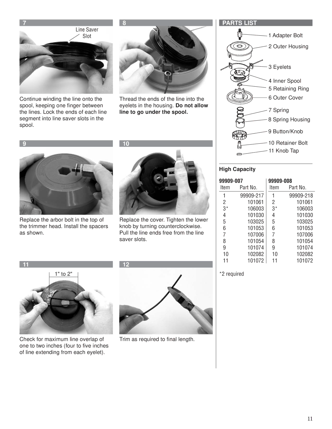 Husqvarna 80792 manual Adapter Bolt, Line to go under the spool, High Capacity 99909-007 99909-008 