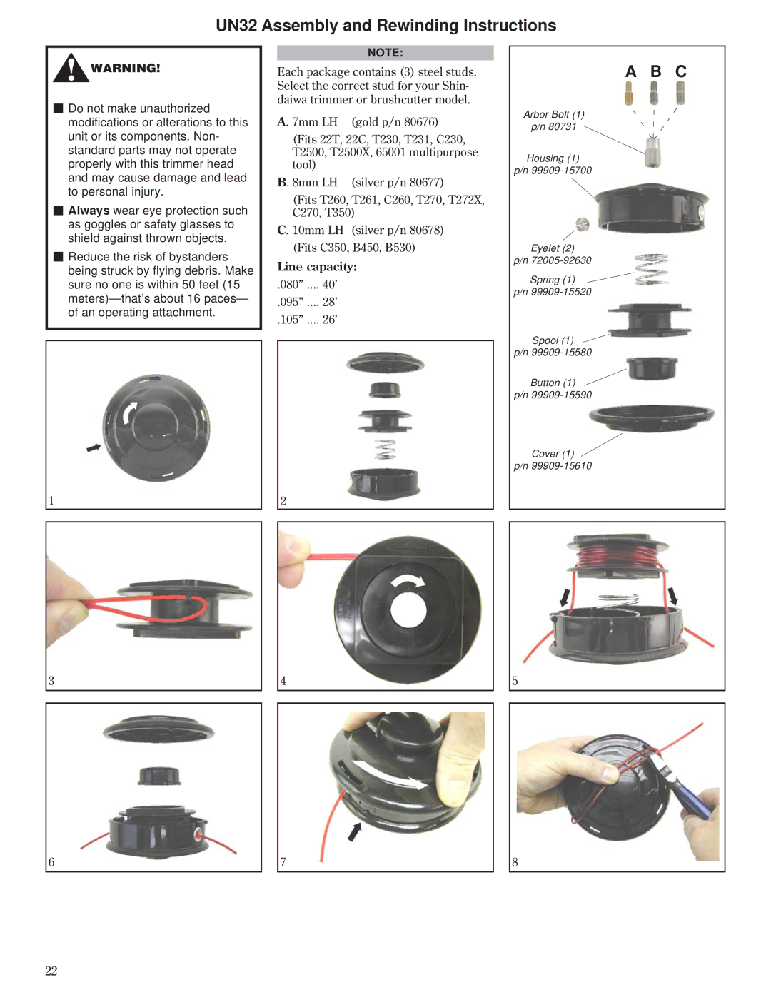 Husqvarna 80792 manual UN32 Assembly and Rewinding Instructions 