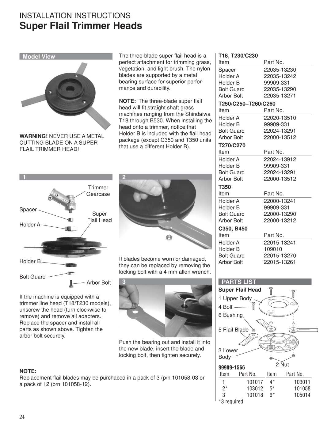 Husqvarna 80792 manual Super Flail Trimmer Heads, T250/C250-T260/C260, T350, C350, B450, 99909-1566 