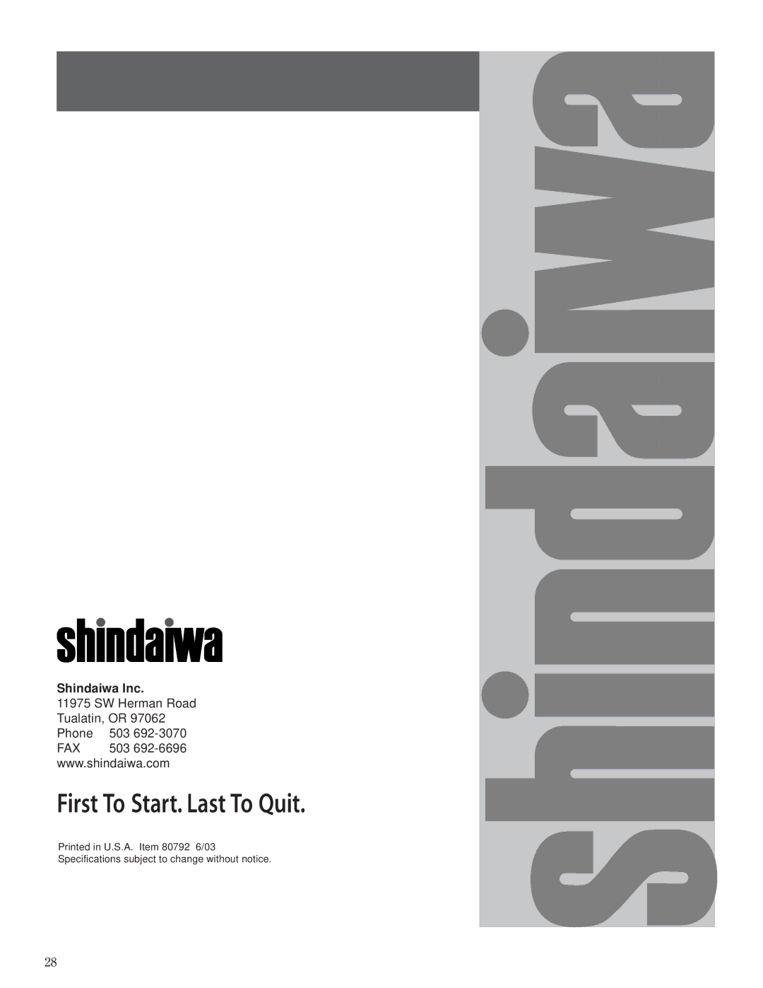 Husqvarna 80792 manual Shindaiwa Inc 