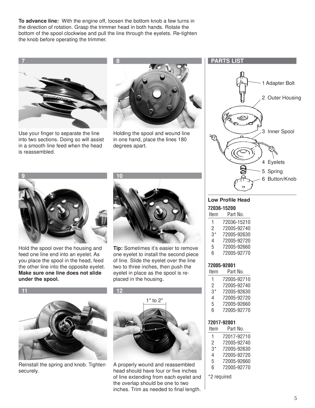 Husqvarna 80792 manual Make sure one line does not slide under the spool, Low Profile Head Item Part No 