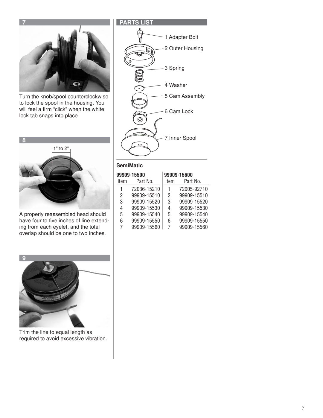 Husqvarna 80792 manual Parts List, SemiMatic 99909-15500 99909-15600 