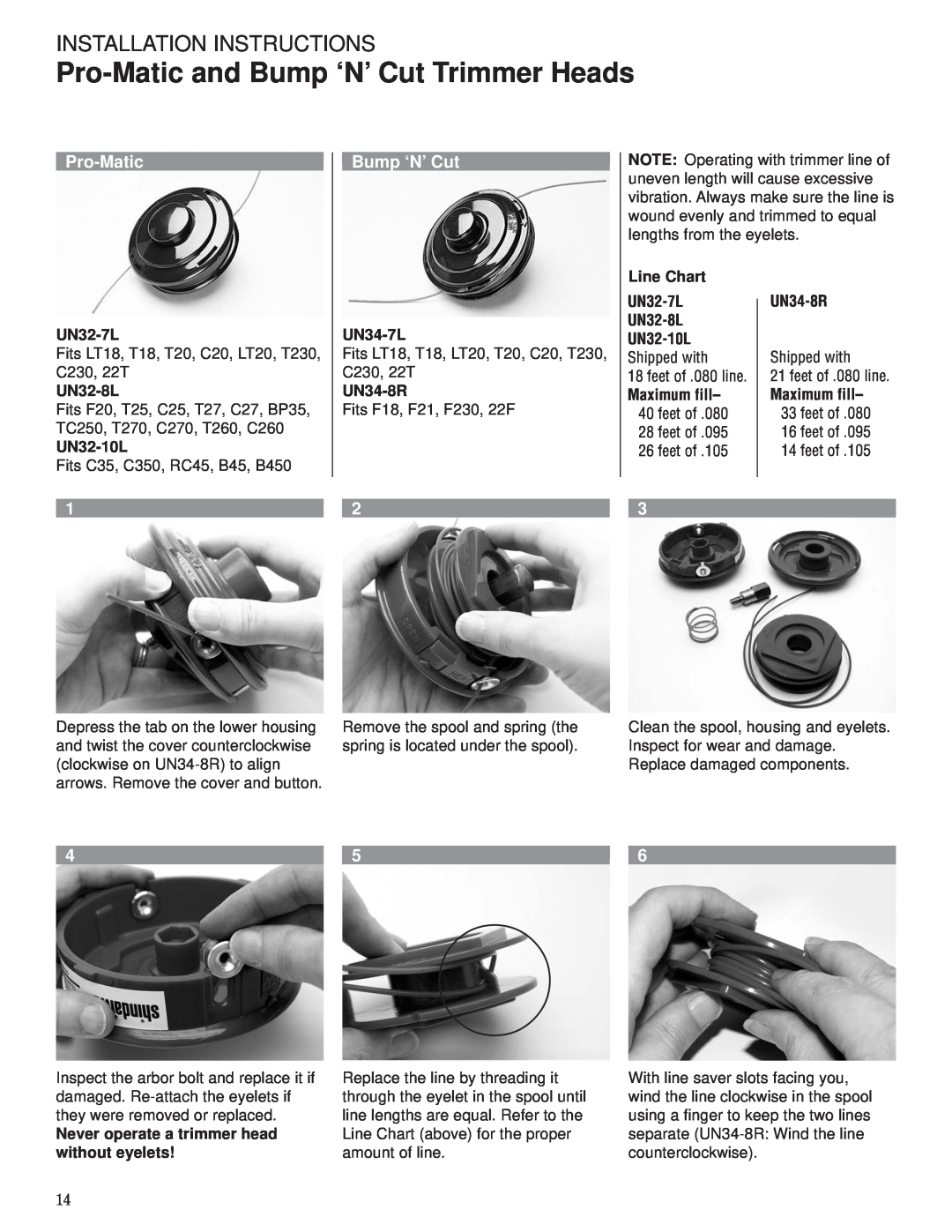 Husqvarna 80792 manual Pro-Matic and Bump ‘N’ Cut Trimmer Heads, UN32-7L, UN32-8L, UN32-10L, UN34-7L, UN34-8R 