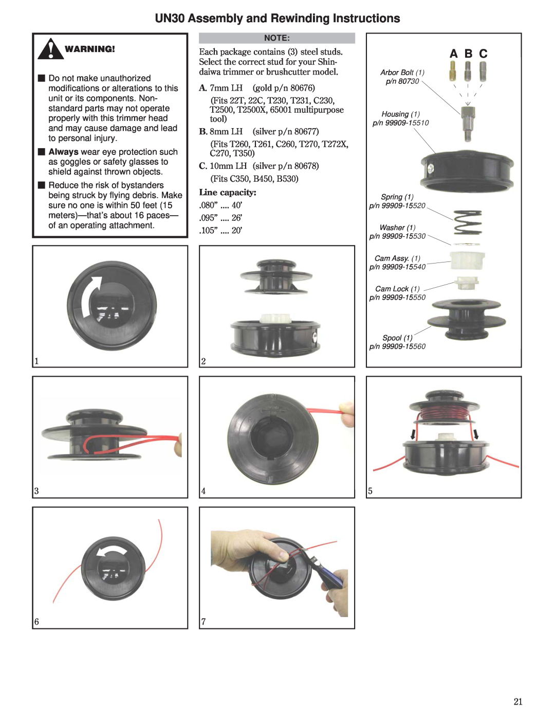 Husqvarna 80792 manual UN30 Assembly and Rewinding Instructions, A B C, Line capacity, Cam Lock p/n Spool p/n 