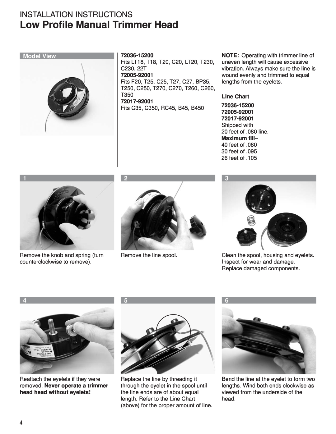 Husqvarna 80792 manual Low Profile Manual Trimmer Head, Installation Instructions, Model View, 72036-15200, 72005-92001 