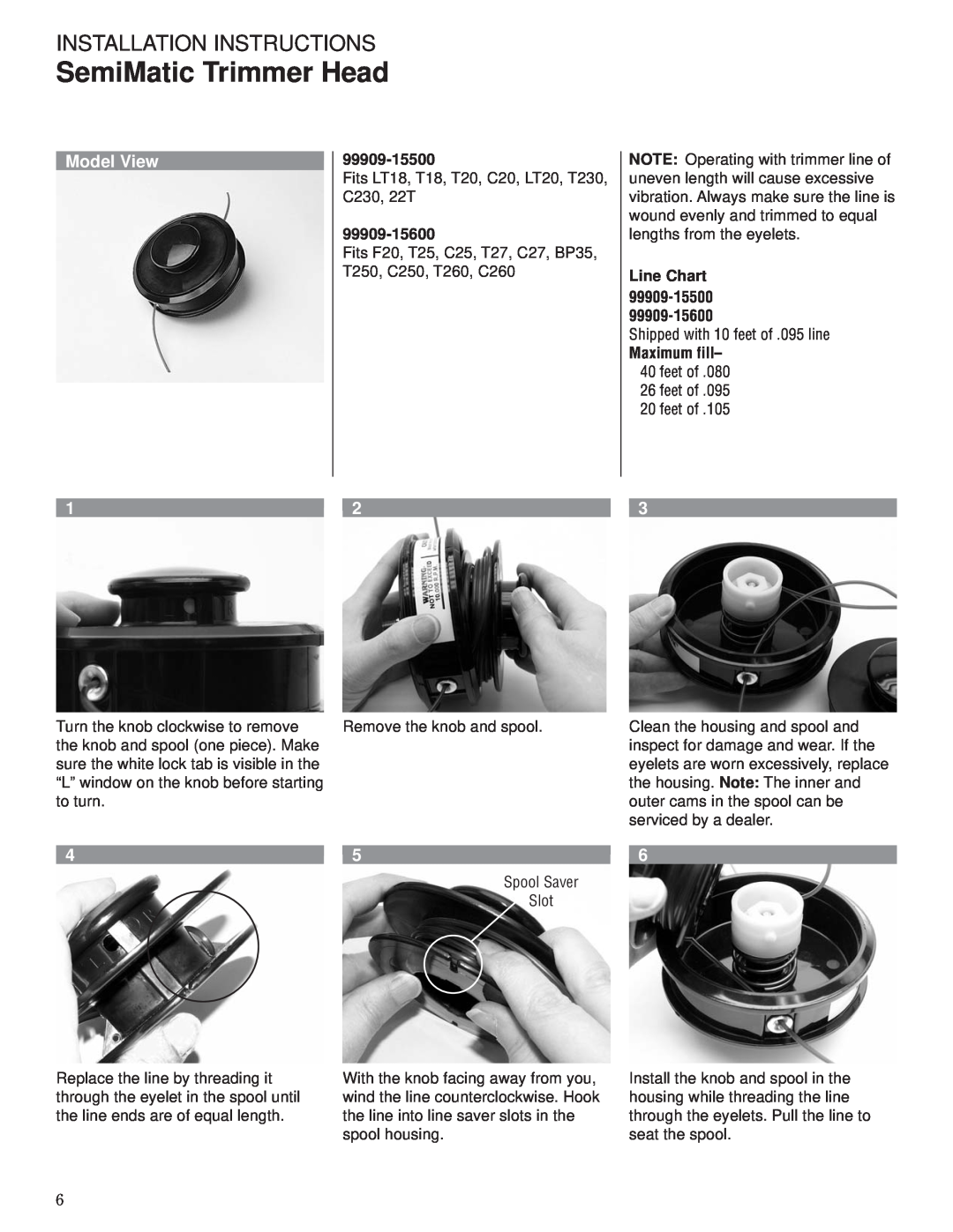 Husqvarna 80792 manual SemiMatic Trimmer Head, 99909-15500, 99909-15600, Line Chart, Installation Instructions, Model View 