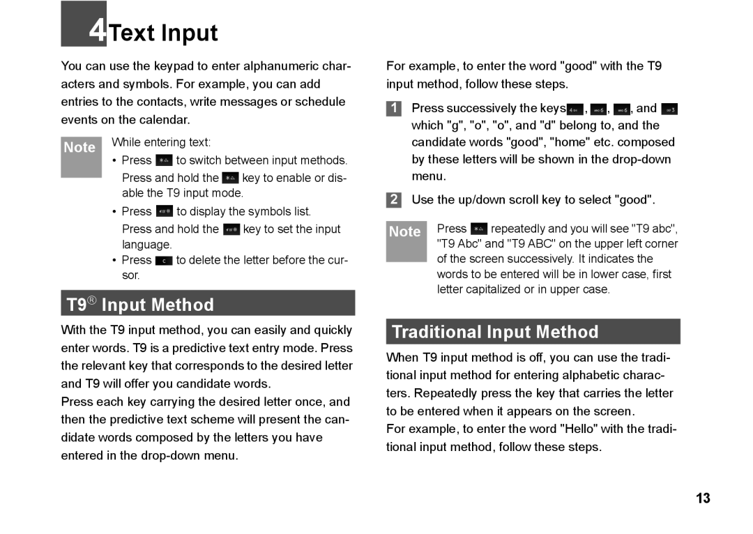 Husqvarna 830 manual 4Text Input, T9→ Input Method, Traditional Input Method 