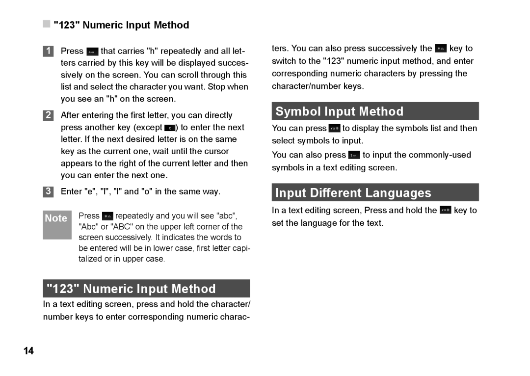 Husqvarna 830 manual Numeric Input Method, Symbol Input Method, Input Different Languages 