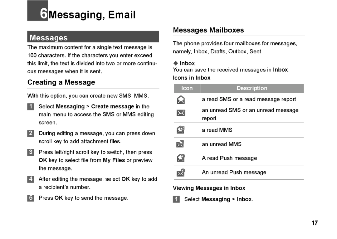 Husqvarna 830 manual 6Messaging, Email, Creating a Message, Messages Mailboxes 