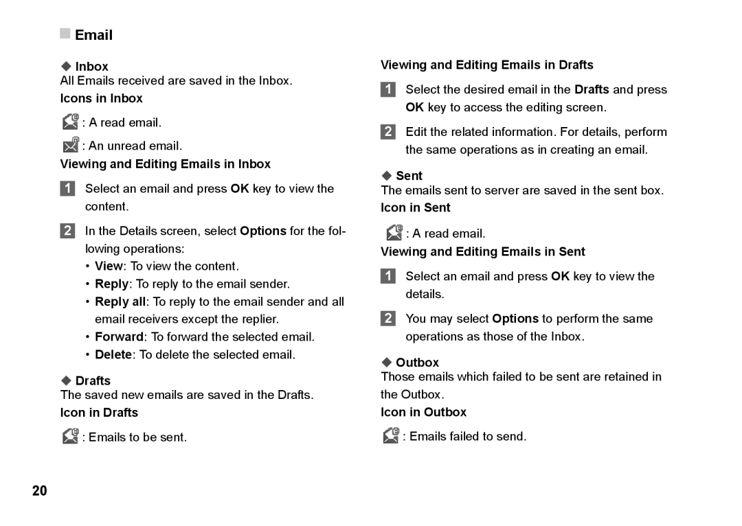 Husqvarna 830 Viewing and Editing Emails in Inbox, Icon in Drafts, Viewing and Editing Emails in Drafts, Icon in Sent 